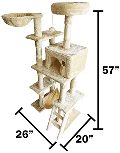 Beige Cat Tree Tower for Indoor Cats & Kittens, 57" Tall Multi-Level with Comfy Perch & Basket, Hideaway Condo, Sisel Scratcher Posts & Ladder, Ball Toys, & Dangling Rope - by SciencePurchase