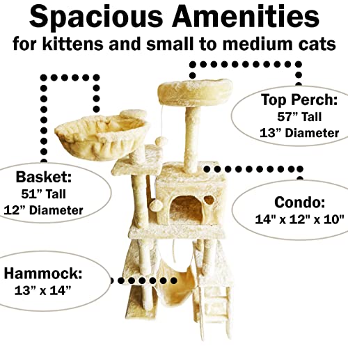 Beige Cat Tree Tower for Indoor Cats & Kittens, 57" Tall Multi-Level with Comfy Perch & Basket, Hideaway Condo, Sisel Scratcher Posts & Ladder, Ball Toys, & Dangling Rope - by SciencePurchase