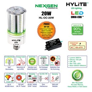 HyLite LED Lighting 20W High Performance LED Omni-Cob Lamp, 360º, (~100W HID), 50K, 3000 lm, 100~277V for Commercial Industrial Lighting Warehouse High Bay Light Fixture Garage Workshop, White