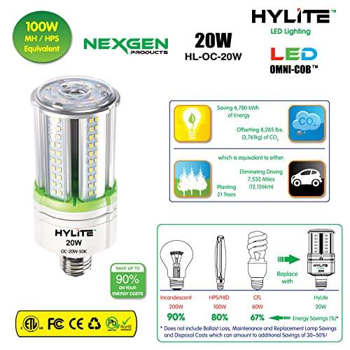 HyLite LED Lighting 20W High Performance LED Omni-Cob Lamp, 360º, (~100W HID), 50K, 3000 lm, 100~277V for Commercial Industrial Lighting Warehouse High Bay Light Fixture Garage Workshop, White