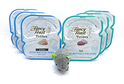 Fancy Feast Petites Cat Food Ocean Whitefish Flavor Bundle Includes (3) Each: Ocean Whitefish & Tuna Pate (2.8 oz), Ocean Whitefish with Tomato in Gravy(2.8 oz) & Catnip Toy