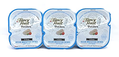 Fancy Feast Petites Cat Food Ocean Whitefish Flavor Bundle Includes (3) Each: Ocean Whitefish & Tuna Pate (2.8 oz), Ocean Whitefish with Tomato in Gravy(2.8 oz) & Catnip Toy