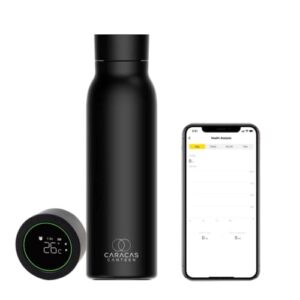 caracas canteen modern smart sports water bottle, stainless steel, bpa free flask, app tracks intake, alarm reminder to hydrate, temperature, leak proof. 600ml/20 oz (midnight black)