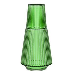 american atelier vintage bedside water carafe with tumbler – 37 oz ribbed pitcher and matching drinking glass doubles as lid for guest room, office, or gift, 4.5”x 9.25" (green)