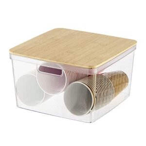 oggi clear stackable storage bin with bamboo lid - ideal for kitchen, pantry, cabinet, bathroom, bedroom, kids, refrigerator. with handles & lid - organizer for jars, snacks, toys, crafts - 10x10x6