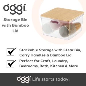 Oggi Clear Stackable Storage Bin with Bamboo Lid - Ideal for Kitchen, Pantry, Cabinet, Bathroom, Bedroom, Kids, Refrigerator. With Handles & Lid - Organizer for Jars, Snacks, Toys, Crafts - 10x10x6