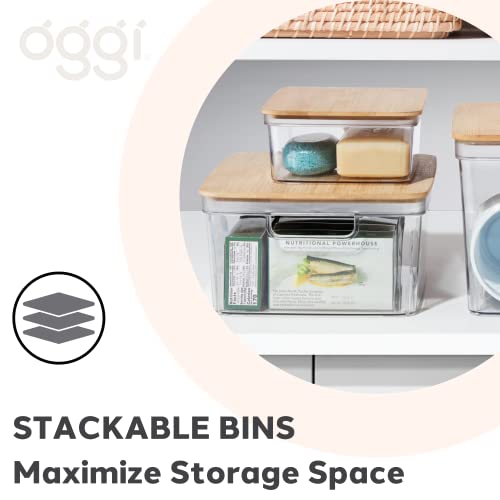 Oggi Clear Stackable Storage Bin with Bamboo Lid - Ideal for Kitchen, Pantry, Cabinet, Bathroom, Bedroom, Kids, Refrigerator. With Handles & Lid - Organizer for Jars, Snacks, Toys, Crafts - 10x10x6