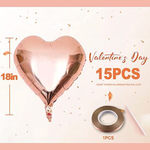 Heart Shaped Foil Balloons for Valentines Day Party Decorations - Pack of 15 -Foil Valentines Day Balloons for Romantic Decorations Special Night (rose gold)
