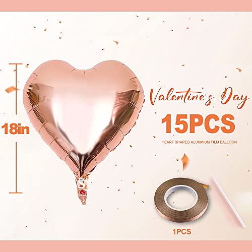 Heart Shaped Foil Balloons for Valentines Day Party Decorations - Pack of 15 -Foil Valentines Day Balloons for Romantic Decorations Special Night (rose gold)