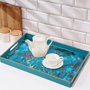 MAONAME Blue Decorative Tray, Plastic Serving Tray with Handles, Coffee Table Tray with Tempered Glass Film, Rectangle Ottoman Tray for Living Room, Bathroom, 15.7” x 10.2”