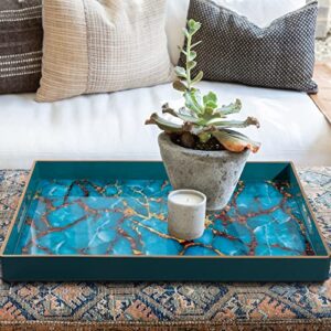 MAONAME Blue Decorative Tray, Plastic Serving Tray with Handles, Coffee Table Tray with Tempered Glass Film, Rectangle Ottoman Tray for Living Room, Bathroom, 15.7” x 10.2”