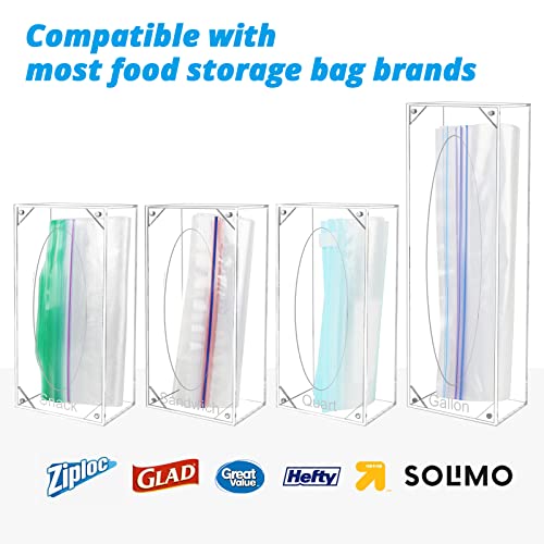 RUIDEO 4-Pack Storage Bag Organizer Compatible with Ziploc Bags, Acrylic Organizers for Kitchen Organization and Storage, Compatible with Gallon, Quart, Sandwich and Snack Size Bag, Plastic Bag Holder