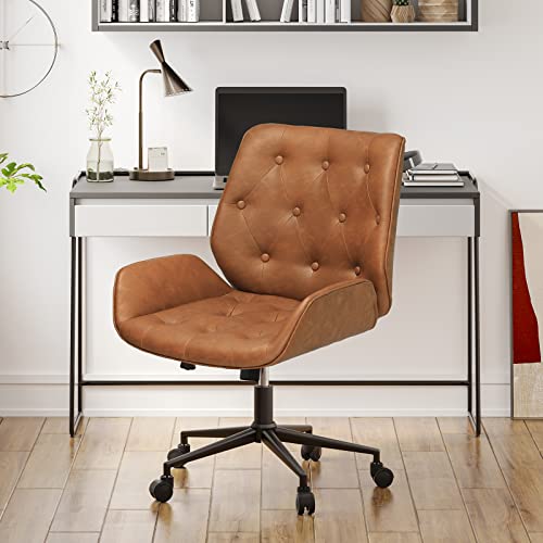 DICTAC Leather Office Chair Brown Wide Desk Chair, Mid Century Armless Home Office Chair with 40° tiltable backrest, Capicity 400lbs