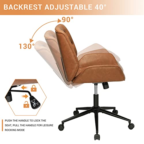 DICTAC Leather Office Chair Brown Wide Desk Chair, Mid Century Armless Home Office Chair with 40° tiltable backrest, Capicity 400lbs