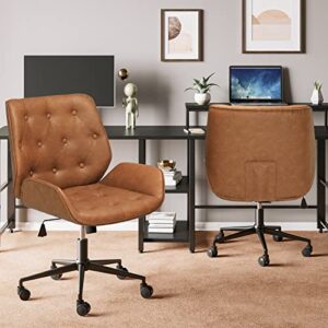 DICTAC Leather Office Chair Brown Wide Desk Chair, Mid Century Armless Home Office Chair with 40° tiltable backrest, Capicity 400lbs