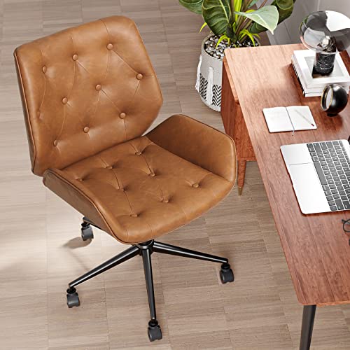 DICTAC Leather Office Chair Brown Wide Desk Chair, Mid Century Armless Home Office Chair with 40° tiltable backrest, Capicity 400lbs