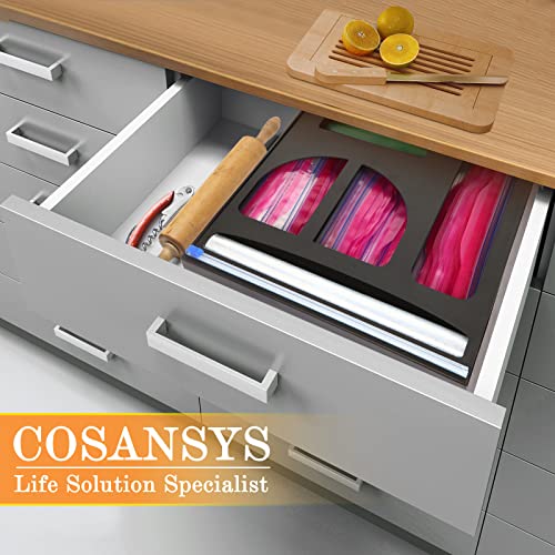 COSANSYS Kitchen Organization and Storage Ziplock Bag Storage Organizer Food Storage Bag Organizer 5 in 1 Dispenser with Cutter for Drawer and Wall Mounted Storage for Gallon Quart Sandwich Snack