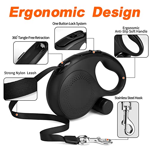 26 FT Retractable Dog Leash, EC.TEAK Retractable Leash with Dispenser and 3 Pieces Poop Bags for Medium/Large Breed Up to 110 LBS, Black Large