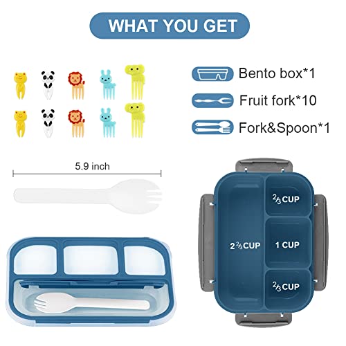 BentoMoment Bento Lunch Box, 4 Compartments Lunch Box Containers for Adults, 5 Cups Bento Box with Utensils& Fruit Fork, Cute Snack Lunch Box, Leakproof Microwave Safe Bento Boxes, Blue