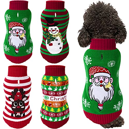 JUNEBRUSHS 4 Pack Dog Christmas Sweaters, Xmas Dog Holiday Sweaters Puppy Clothes Dog Christmas Outfits Winter Warm Pet Santa Snowman Reindeer Snowflake Sweater for Small Medium Cats Dogs