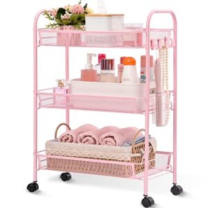 toolf 3-tier metal rolling cart, mesh wire easy assemble utility cart, storage trolley on wheels with hooks, tiered storage shelving organizer for kitchen bathroom laundry room
