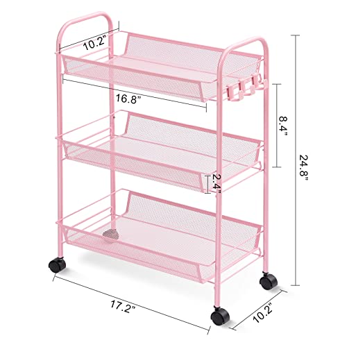 TOOLF 3-Tier Metal Rolling Cart, Mesh Wire Easy Assemble Utility Cart, Storage Trolley on Wheels with Hooks, Tiered Storage Shelving Organizer for Kitchen Bathroom Laundry Room