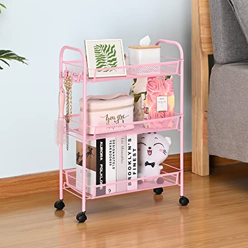 TOOLF 3-Tier Metal Rolling Cart, Mesh Wire Easy Assemble Utility Cart, Storage Trolley on Wheels with Hooks, Tiered Storage Shelving Organizer for Kitchen Bathroom Laundry Room