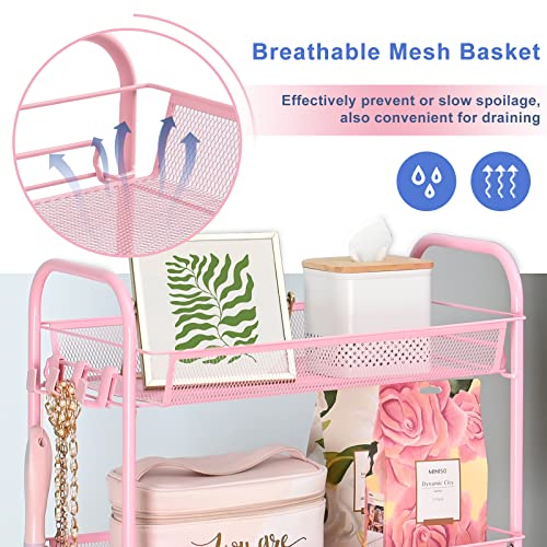 TOOLF 3-Tier Metal Rolling Cart, Mesh Wire Easy Assemble Utility Cart, Storage Trolley on Wheels with Hooks, Tiered Storage Shelving Organizer for Kitchen Bathroom Laundry Room