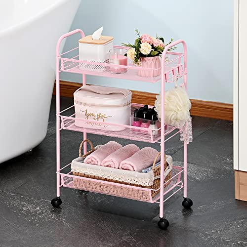 TOOLF 3-Tier Metal Rolling Cart, Mesh Wire Easy Assemble Utility Cart, Storage Trolley on Wheels with Hooks, Tiered Storage Shelving Organizer for Kitchen Bathroom Laundry Room