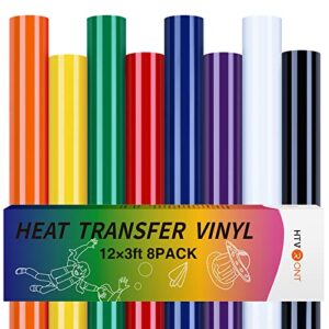 htvront htv heat transfer vinyl bundle - 8 pack 12" x 3ft htv vinyl for t-shirts, iron on vinyl with 8 assorted colors