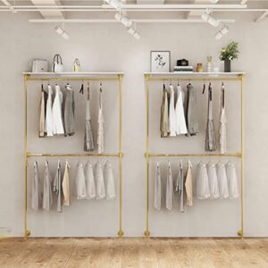 96.5”H Wall Mounted Clothe Rack, Gold Industrial Pipe Clothing Rack with Shelves Closet Rods System for Hanging Clothes Rack Multi-purpose Heavy Duty Hanging Rod