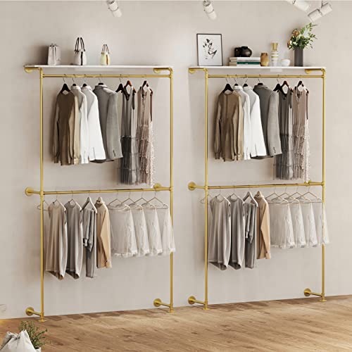 96.5”H Wall Mounted Clothe Rack, Gold Industrial Pipe Clothing Rack with Shelves Closet Rods System for Hanging Clothes Rack Multi-purpose Heavy Duty Hanging Rod