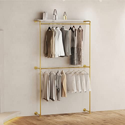 96.5”H Wall Mounted Clothe Rack, Gold Industrial Pipe Clothing Rack with Shelves Closet Rods System for Hanging Clothes Rack Multi-purpose Heavy Duty Hanging Rod
