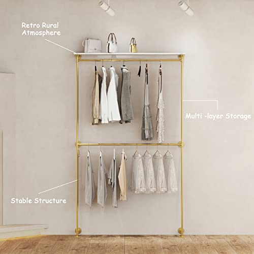 96.5”H Wall Mounted Clothe Rack, Gold Industrial Pipe Clothing Rack with Shelves Closet Rods System for Hanging Clothes Rack Multi-purpose Heavy Duty Hanging Rod