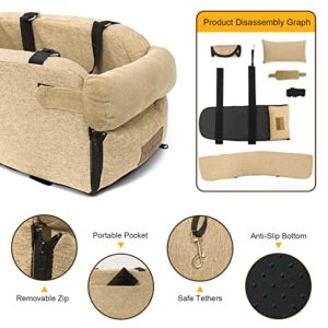 Yokee Dog Car Seat for Small Dogs-Pet Seats Dogs Up to 12 IB, Console Pet with Storage Pocket, Interactive Center Fit Single/Double Door Armrest, Khaki YG003-KK