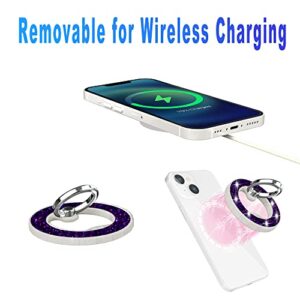 ROMSEA Magnetic Phone Ring Holder Stand, Adjustable Finger Ring Grip Collapsible Kickstand Compatible with for iPhone 14 13 12 Mag Safe Case Removable for Wireless Charging, Purple