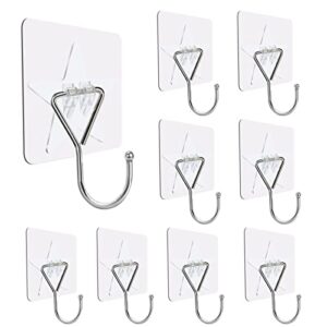 kakamina 20 pack large adhesive hooks 44ibs(max), large size wall hooks for hanging heavy duty, transparent wall hangers waterproof and rustproof for bathroom,kitchen home and office