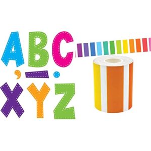 teacher created resources multi bright stitch 7" fun font letters & colorful stripes straight rolled border trim - 50ft