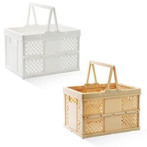 xhwykzz 2-pack small folding plastic baskets with handles, pastel crates for storage, colorful plastic crates for desktop drawer shelf organizers (7.3x5.3x4.9inch) white+khaki
