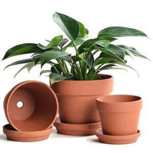 ingofin terracotta pots set with saucer - 5/6/7 inch ceramic clay planters with drainage hole, garden flower succulent pots with tray for indoor outdoor plants, set of 3