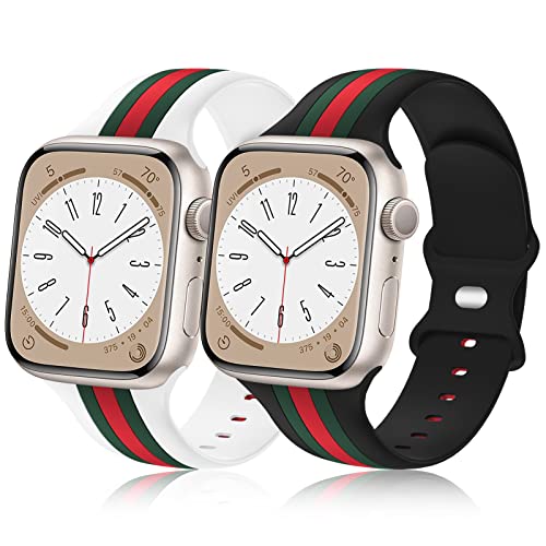 [2 Pack] Designer Bands Compatible with Apple Watch Band 38mm 40mm 41mm 42mm 44mm 45mm 49mm Men Women, Soft Silicone Sport Band Strap for Apple Watch Ultra 2 iWatch Series 9 8 7 SE 6 5 4 3 2 1