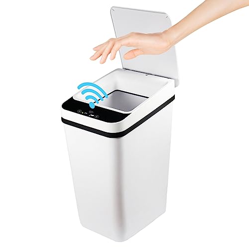 TemphytBong Small Touchless Bathroom Trash Can with Lid White 2.5 Gallon Smart Motion Sensor Trash Can for Bedroom Living Room Toilet Slim Narrow Covered Garbage Can