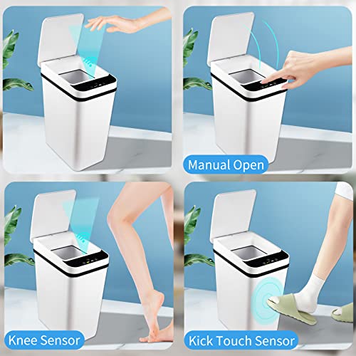 TemphytBong Small Touchless Bathroom Trash Can with Lid White 2.5 Gallon Smart Motion Sensor Trash Can for Bedroom Living Room Toilet Slim Narrow Covered Garbage Can