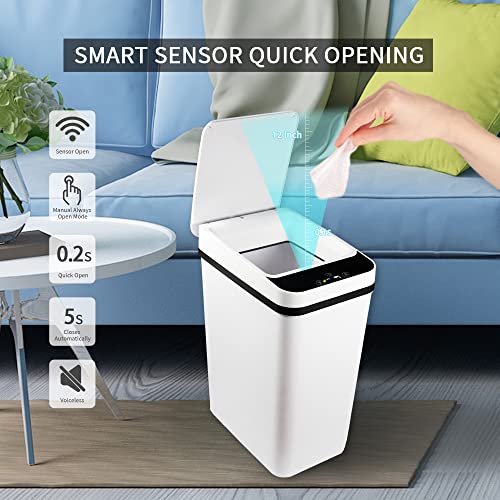 TemphytBong Small Touchless Bathroom Trash Can with Lid White 2.5 Gallon Smart Motion Sensor Trash Can for Bedroom Living Room Toilet Slim Narrow Covered Garbage Can