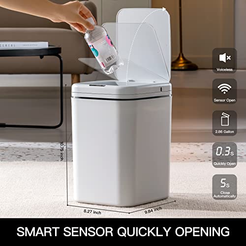 Bathroom Trash Can, 2.8 Gallon Motion Sensor Trash Can,13L Automatic Touchless Garbage Can with Smart Lid, Waterproof Trash Bin, Eletric Waste Bins for Office,Bedroom, Kitchen,Living Room, White