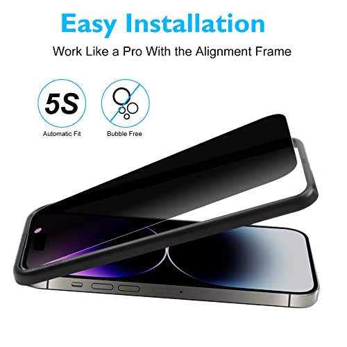 Esanik [3+2 Pack Privacy Screen Protector for iPhone 14 Pro 6.1" Anti-Spy Tempered Glass + Camera Lens Protector, Installation Frame, 9H Hardness, Case Friendly, Easy Installation, Bubble Free