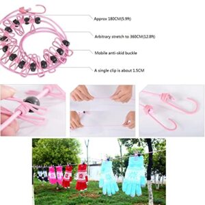 Travel Clothesline,Portable Clothesline with 12pcs Clips,Camping Clothesline for Outdoor and Indoor Use (Pink)