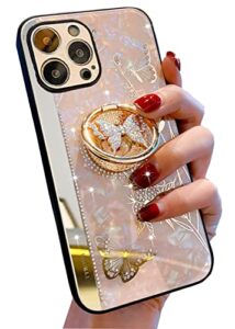 topwin iphone 14 pro 6.1'' kickstand case, cute 3d butterfly bling glitter marble elegant rhinestone diamond hard back soft tpu bumper cover for girls for apple iphone 14 pro 6.1 2022 (rose gold)