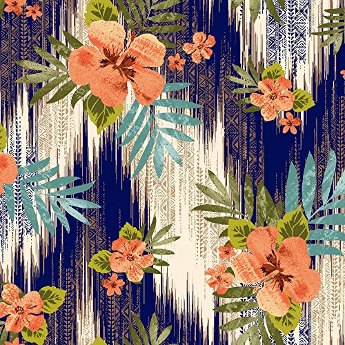 Texco Inc Tropical Floral Design Printed DTY 92% Polyester 8% Spandex Double Sided Brushed, Dark Navy Orange 2 Yards