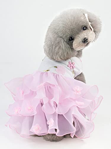 QWINEE Dog Dresses Pets Flower Mesh Dog Tutu Dress Birthday Wedding Party Dog Clothes for Cat Puppy Small Medium Dog Pink L